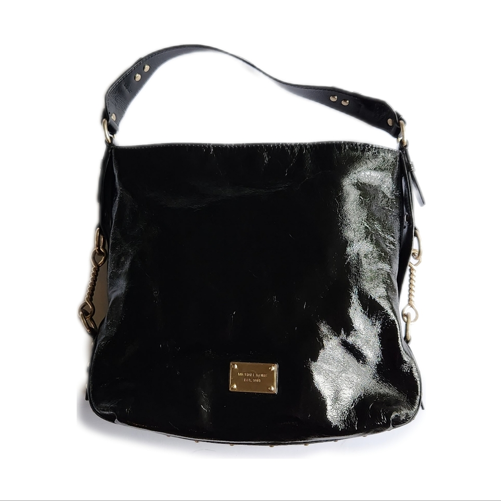 Michael Kors Big Valley Patent Leather Hobo Bag | Black with Gold
